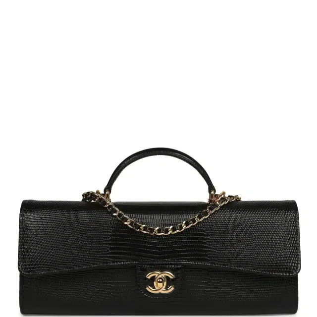Chanel Chanel Long Top Handle Clutch with Chain Black Lizard Embossed Calfskin Gold Hardware