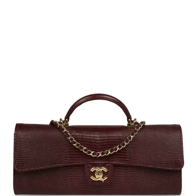 Chanel Chanel Long Top Handle Clutch with Chain Dark Burgundy Lizard Embossed Calfskin Gold Hardware