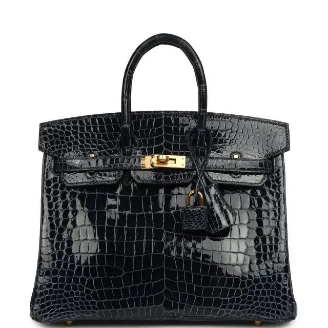 HERMÈS Hermes Birkin 25 Bleu Baltique Shiny Porosus Crocodile Gold Hardware