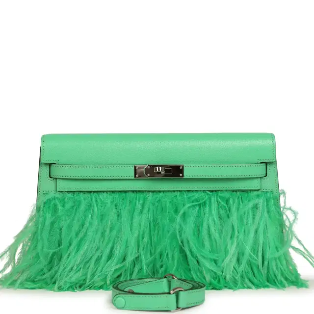 HERMÈS Pre-owned Hermes Kelly Elan Foile Vert Comics Chevre and Ostrich Feather Palladium Hardware