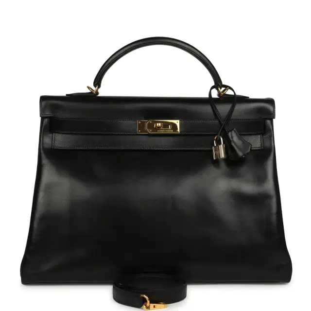 HERMÈS Vintage Hermes Kelly Retourne 40 Black Box Gold Hardware