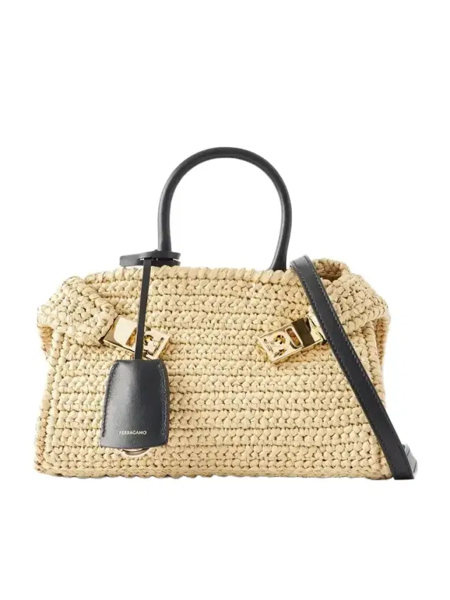 Ferragamo Hug Leather-trimmed Raffia Mini Shoulder Bag