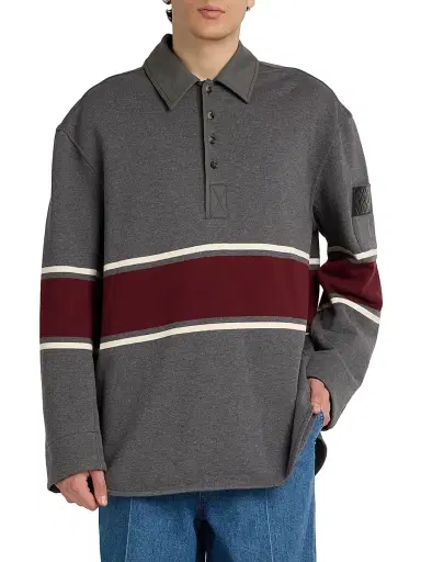 Bottega Veneta Men's Striped Cotton Fleece Polo Shirt - Grey Beige Barolo - Size XL | Thumbnail 3 Bottega Veneta Men's Striped Cotton Fleece Polo Shirt - Grey Beige Barolo - Size XL | Thumbnail 3