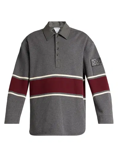 Bottega Veneta Men's Striped Cotton Fleece Polo Shirt - Grey Beige Barolo - Size XL | Thumbnail 1 Bottega Veneta Men's Striped Cotton Fleece Polo Shirt - Grey Beige Barolo - Size XL | Thumbnail 1