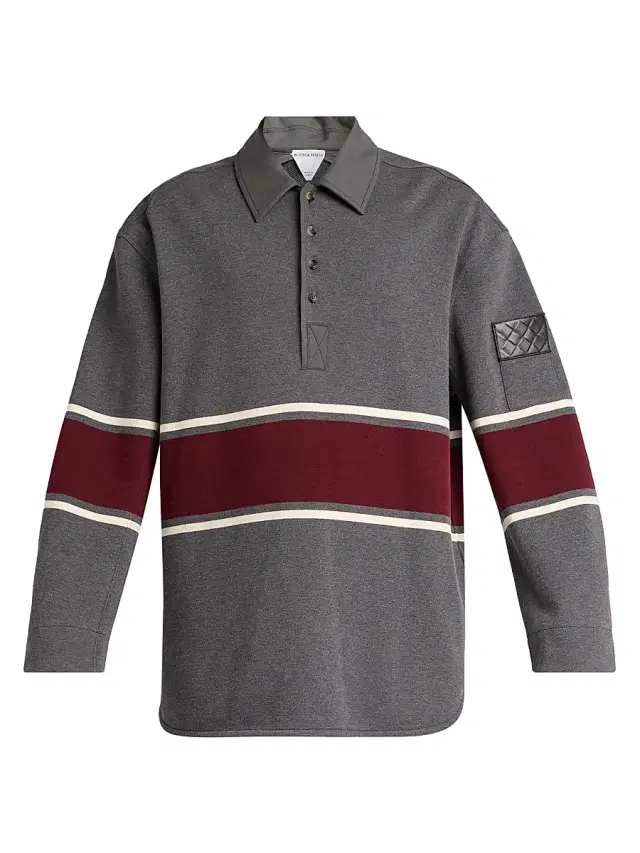 Bottega Veneta Men's Striped Cotton Fleece Polo Shirt - Grey Beige Barolo
