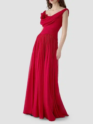 Carolina Herrera Women's Draped Silk Pleated Gown - Cranberry - Size 10 | Thumbnail 3