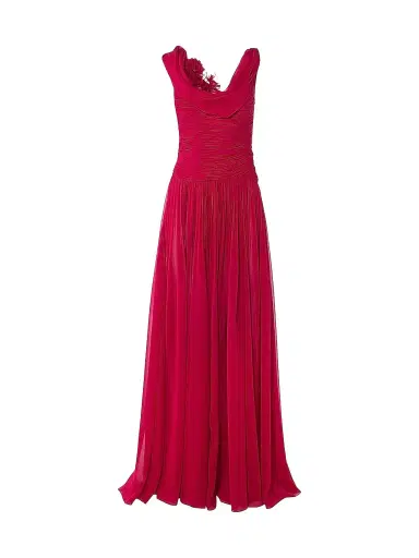 Carolina Herrera Women's Draped Silk Pleated Gown - Cranberry - Size 10 | Thumbnail 1
