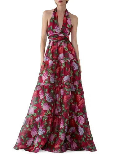 Carolina Herrera Women's Floral Halterneck Tiered Gown - Cranberry Multi - Size 12 | Thumbnail 2 Carolina Herrera Women's Floral Halterneck Tiered Gown - Cranberry Multi - Size 12 | Thumbnail 2