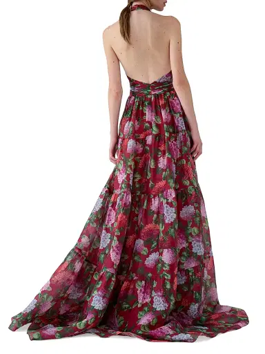 Carolina Herrera Women's Floral Halterneck Tiered Gown - Cranberry Multi - Size 12 | Thumbnail 3 Carolina Herrera Women's Floral Halterneck Tiered Gown - Cranberry Multi - Size 12 | Thumbnail 3