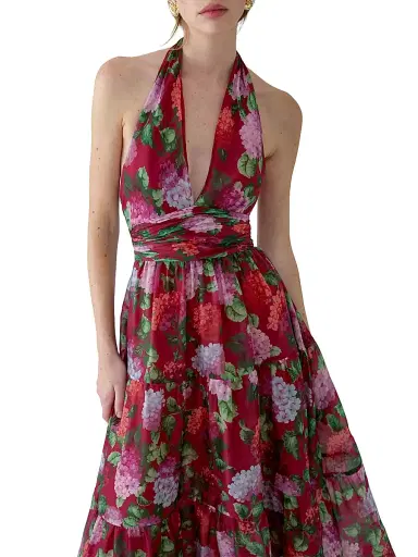 Carolina Herrera Women's Floral Halterneck Tiered Gown - Cranberry Multi - Size 12 | Thumbnail 4 Carolina Herrera Women's Floral Halterneck Tiered Gown - Cranberry Multi - Size 12 | Thumbnail 4