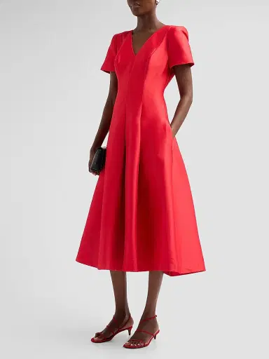 BADGLEY MISCHKA Women's Stretch Mikado V-Neck Midi Dress - Red - Size 16 | Thumbnail 4