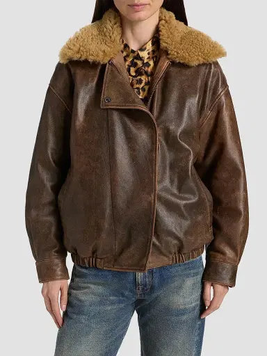R13 Women's Leather Bomber Jacket - Brown - Size Small | Thumbnail 3