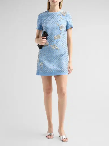 Oscar de la Renta Women's Crystal-Embellished Wool-Blend Shift Mini Dress - Talc Blue | Thumbnail 2
