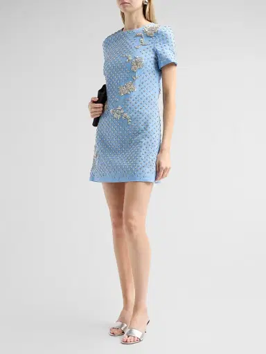 Oscar de la Renta Women's Crystal-Embellished Wool-Blend Shift Mini Dress - Talc Blue | Thumbnail 4