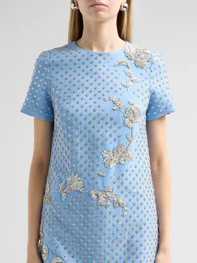 Oscar de la Renta Women's Crystal-Embellished Wool-Blend Shift Mini Dress - Talc Blue | Thumbnail 5
