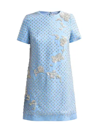 Oscar de la Renta Women's Crystal-Embellished Wool-Blend Shift Mini Dress - Talc Blue | Thumbnail 1