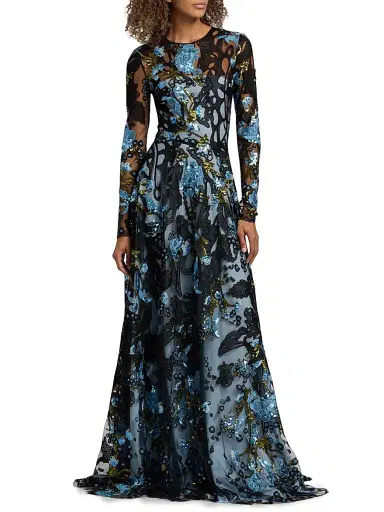 Naeem Khan Women's Sequined Floral Lace Long-Sleeve Gown - Blue Black - Size 6 | Thumbnail 3 Naeem Khan Women's Sequined Floral Lace Long-Sleeve Gown - Blue Black - Size 6 | Thumbnail 3