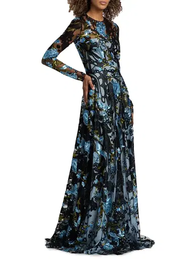 Naeem Khan Women's Sequined Floral Lace Long-Sleeve Gown - Blue Black - Size 6 | Thumbnail 4 Naeem Khan Women's Sequined Floral Lace Long-Sleeve Gown - Blue Black - Size 6 | Thumbnail 4