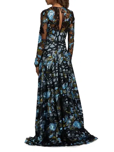 Naeem Khan Women's Sequined Floral Lace Long-Sleeve Gown - Blue Black - Size 6 | Thumbnail 5 Naeem Khan Women's Sequined Floral Lace Long-Sleeve Gown - Blue Black - Size 6 | Thumbnail 5