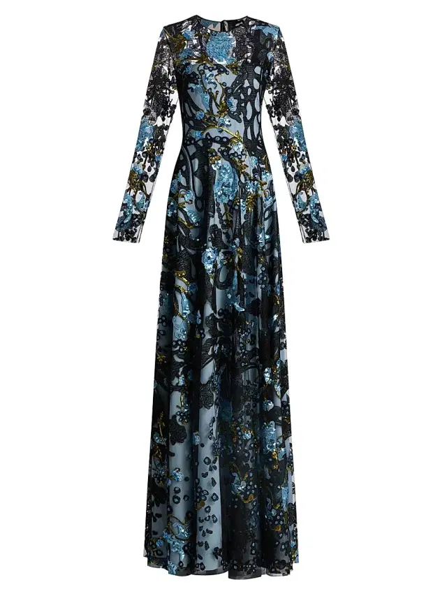 Naeem Khan Women's Sequined Floral Lace Long-Sleeve Gown - Blue Black