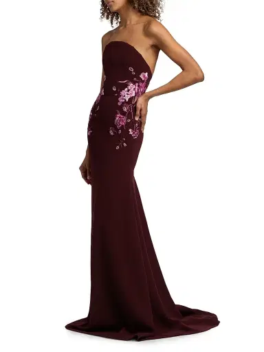 Naeem Khan Women's Floral-Appliqué Crepe Strapless Fit & Flare Gown - Bordeaux Pink | Thumbnail 4