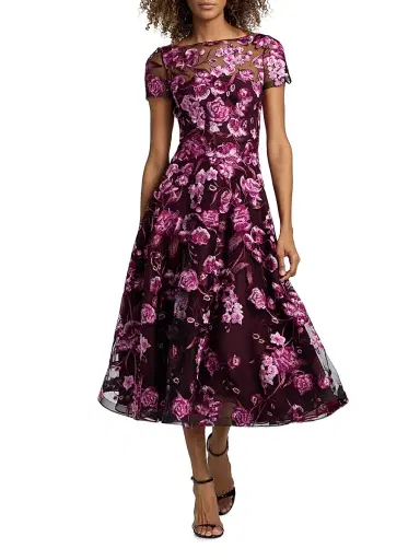 Naeem Khan Women's Floral-Embroidered Tea-Length Dress - Pink Black - Size 6 | Thumbnail 2 Naeem Khan Women's Floral-Embroidered Tea-Length Dress - Pink Black - Size 6 | Thumbnail 2