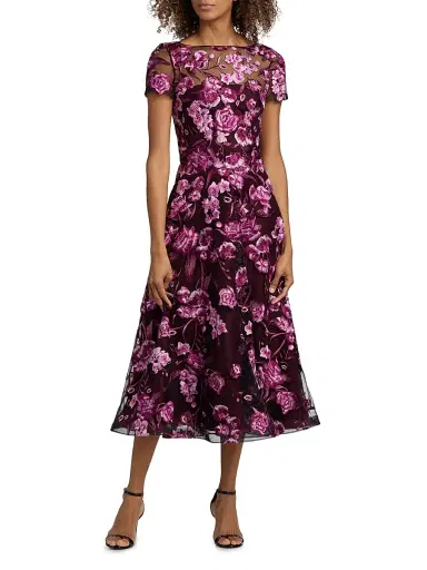 Naeem Khan Women's Floral-Embroidered Tea-Length Dress - Pink Black - Size 6 | Thumbnail 3 Naeem Khan Women's Floral-Embroidered Tea-Length Dress - Pink Black - Size 6 | Thumbnail 3