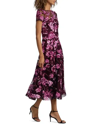 Naeem Khan Women's Floral-Embroidered Tea-Length Dress - Pink Black - Size 6 | Thumbnail 4 Naeem Khan Women's Floral-Embroidered Tea-Length Dress - Pink Black - Size 6 | Thumbnail 4