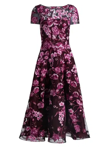 Naeem Khan Women's Floral-Embroidered Tea-Length Dress - Pink Black - Size 6 | Thumbnail 1 Naeem Khan Women's Floral-Embroidered Tea-Length Dress - Pink Black - Size 6 | Thumbnail 1