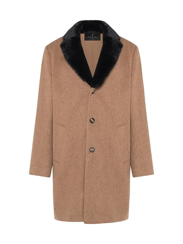 Gorski Men's Wool Stroller Coat with Shearling Trim - Camel