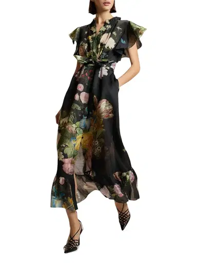 CYNTHIA ROWLEY Women's Floral Tie-Waist Ramie Caftan Midi-Dress - Black - Size Medium | Thumbnail 2