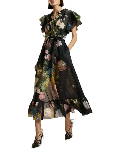 CYNTHIA ROWLEY Women's Floral Tie-Waist Ramie Caftan Midi-Dress - Black - Size Medium | Thumbnail 3