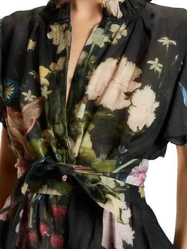 CYNTHIA ROWLEY Women's Floral Tie-Waist Ramie Caftan Midi-Dress - Black - Size Medium | Thumbnail 4