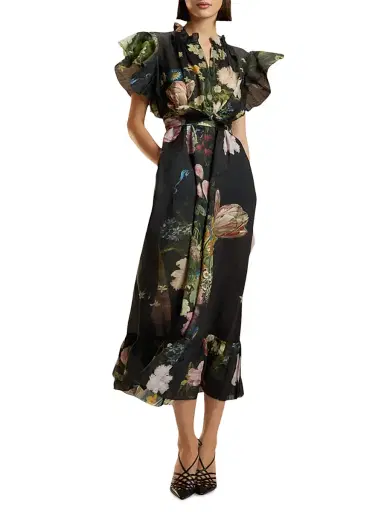 CYNTHIA ROWLEY Women's Floral Tie-Waist Ramie Caftan Midi-Dress - Black - Size Medium | Thumbnail 1