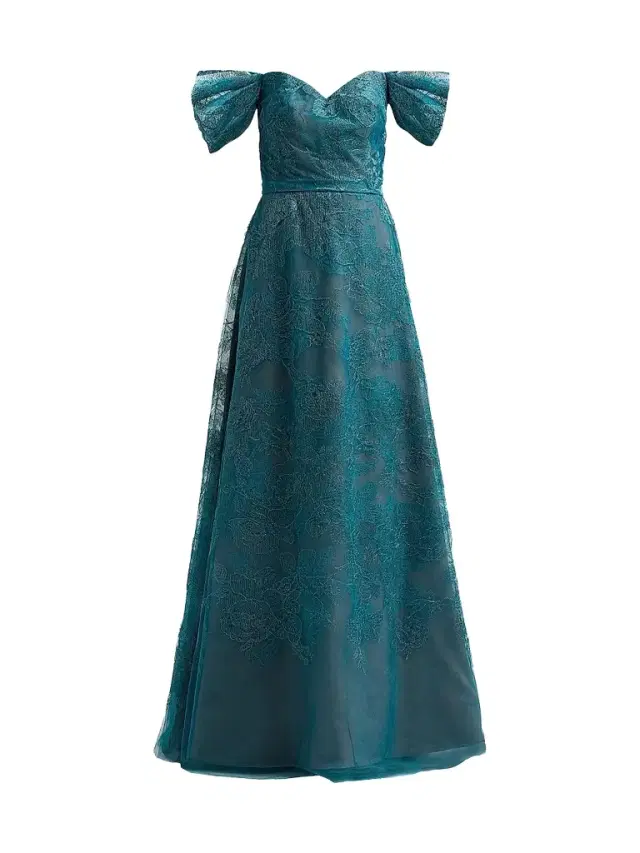 Rene Ruiz Collection Women's Off-the-Shoulder Embroidered Tulle A-Line Gown - Teal