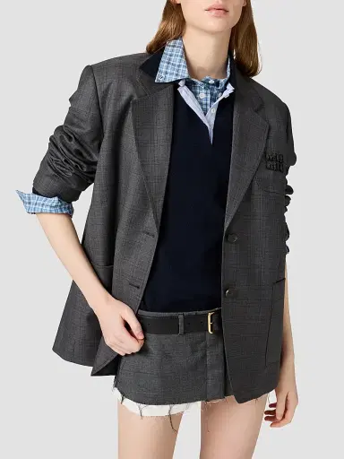 Miu Miu Women's Prince of Wales Checked Wool Blazer | Thumbnail 3 Miu Miu Women's Prince of Wales Checked Wool Blazer | Thumbnail 3