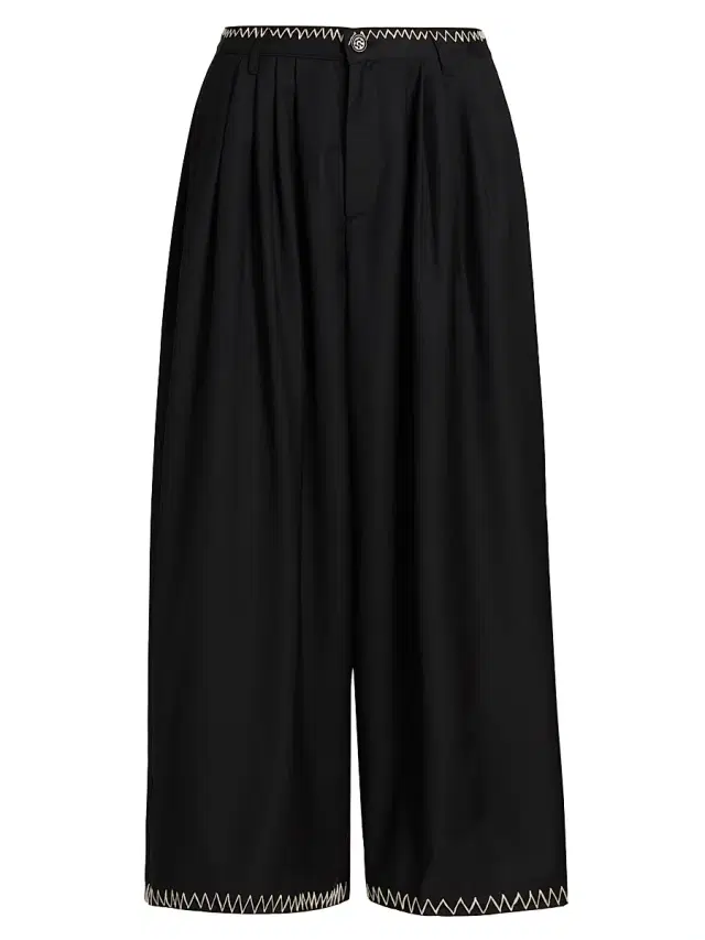 Glass Cypress Men's Wool Embroidered Wide-Leg Pants - Black