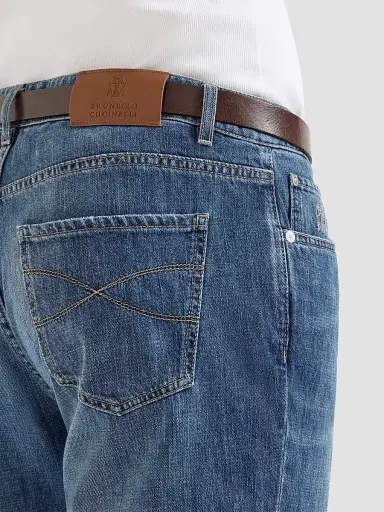 Brunello Cucinelli Men's Lightweight Denim Traditional Fit Five-Pocket Jeans - Medium Denim | Thumbnail 4