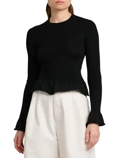 Jil Sander Women's Wool Flared-Trim Slim-Fit Crewneck Sweater - Black | Thumbnail 3