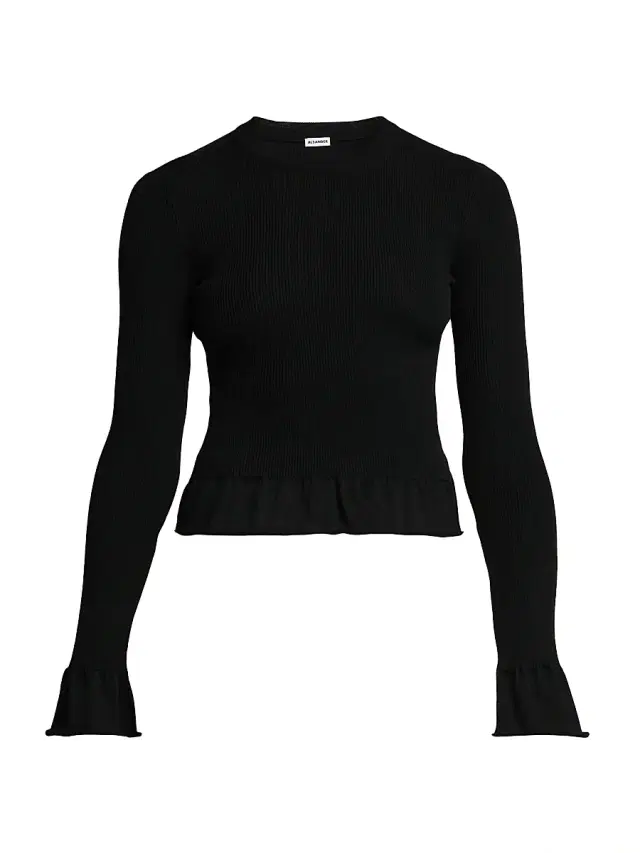 Jil Sander Women's Wool Flared-Trim Slim-Fit Crewneck Sweater - Black