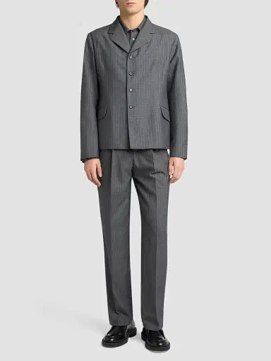 Jil Sander Men's Pleated Pinstripe Check Wool Trousers - Koala - Size 38 | Thumbnail 2