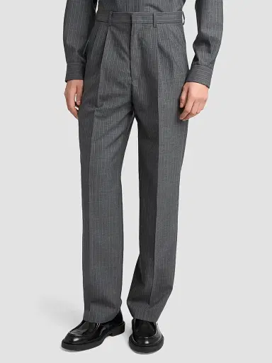 Jil Sander Men's Pleated Pinstripe Check Wool Trousers - Koala - Size 38 | Thumbnail 4