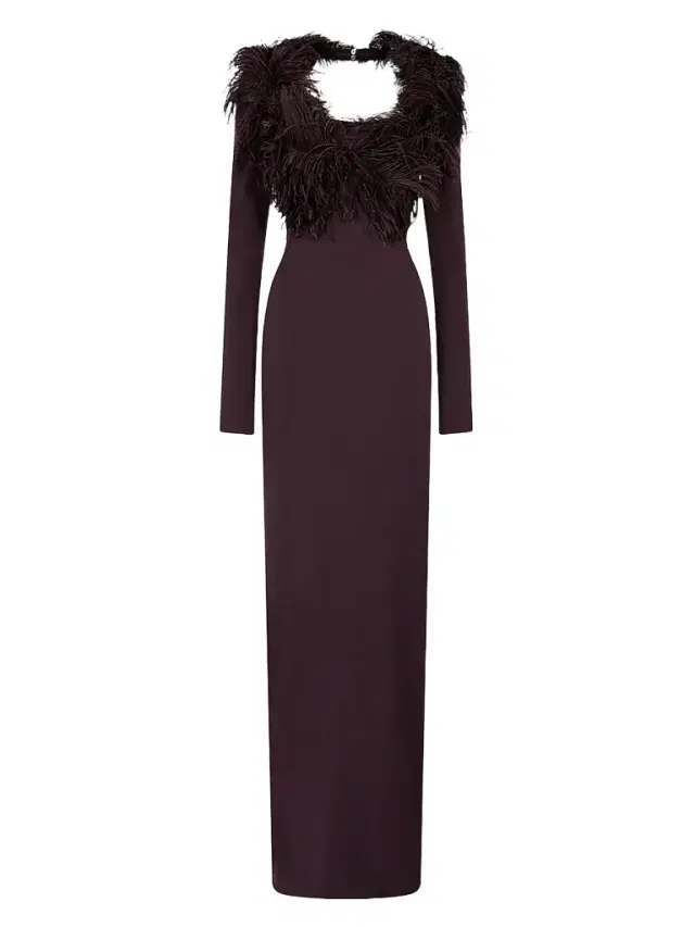 The Attico Women's Feather-Trim Maxi Dress - Dark Brown