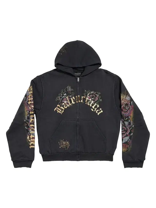 Balenciaga Women's Tacky Tattoo Zip-Up  Fit Hoodie - Black Faded