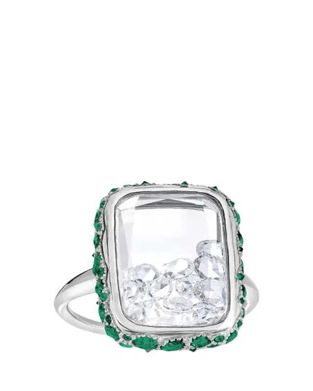 MORITZ GLIK 18K White Gold Antiqued Ring with Diamonds and Emeralds