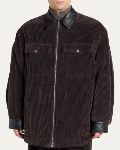 Bottega Veneta Men's Cotton Corduroy Leather-Trim Shirt Jacket | Thumbnail 4