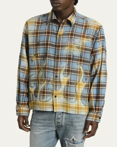 AMIRI Men's Cotton Plaid MA Quad Flames Button-Down Shirt | Thumbnail 4 AMIRI Men's Cotton Plaid MA Quad Flames Button-Down Shirt | Thumbnail 4