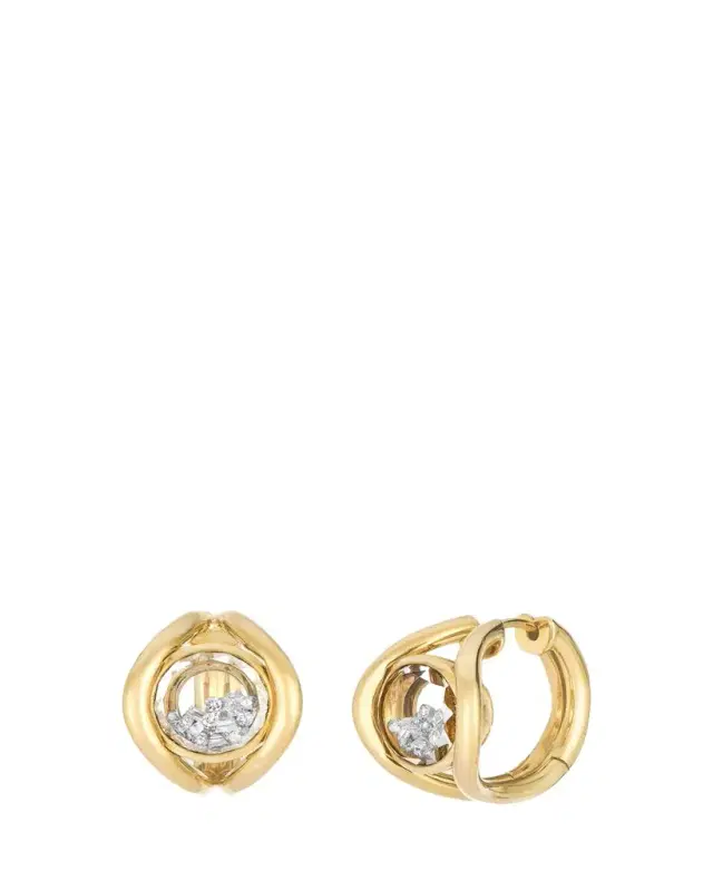 MORITZ GLIK 18K Yellow Gold Cascavel Huggie Earrings with Diamonds and Kaleidoscope Shakers
