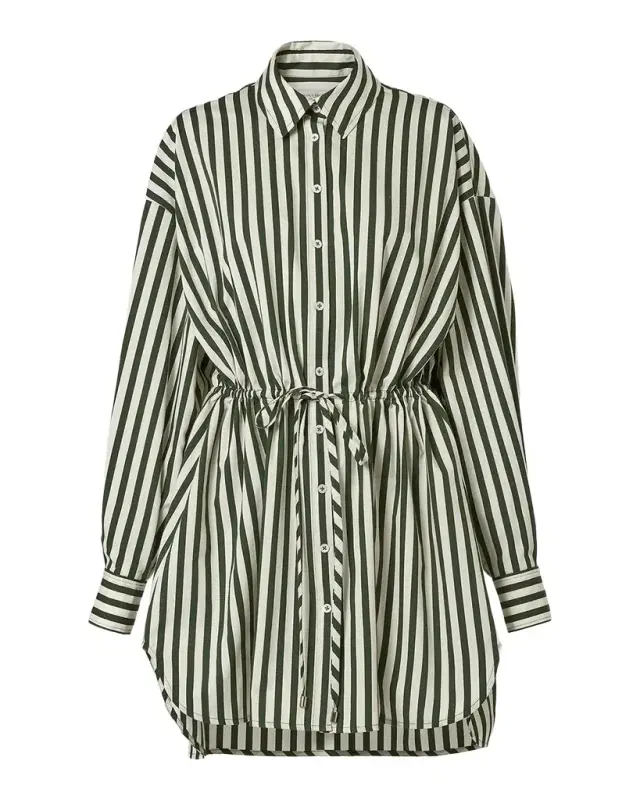 Carolina Herrera Striped Long-Sleeve Drawstring Mini Shirtdress