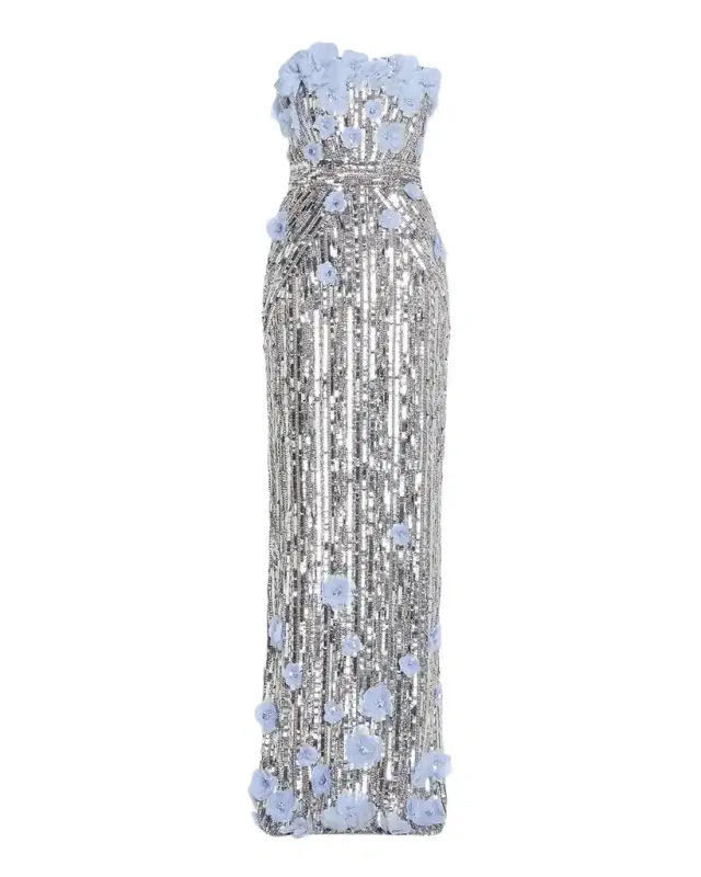 Pamella Roland Strapless Flower Embroidered Sequin Tulle Column Gown